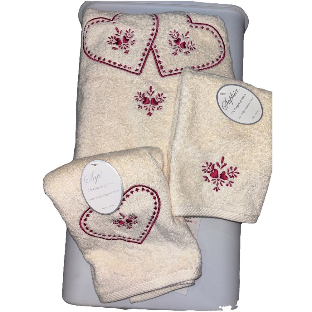Sophia Towel Set Bath Hand & Fingertip Turkish Cotton Ivory Hearts New Set Of 3